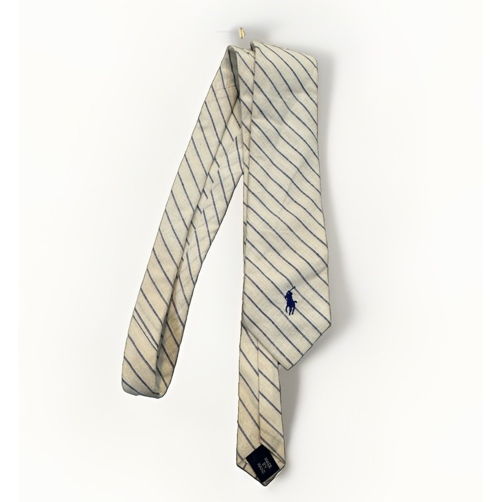VTG Polo Ralph Lauren Cotton Necktie Navy White Striped Preppy School Academic